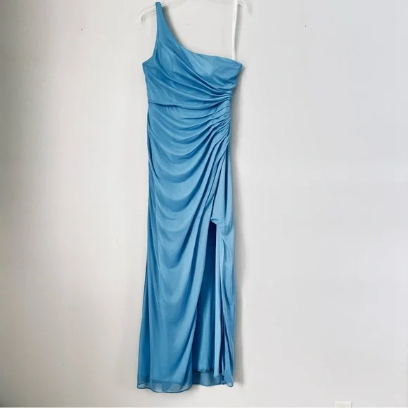 Azazie One-Shoulder Gathered Light Blue Evening Gown SZ 8 - Picture 2 of 15